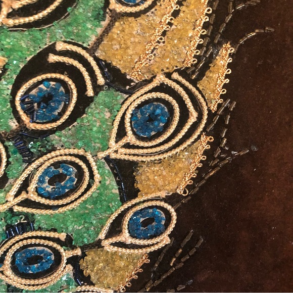 Vintage MCM Peacock on Brown Velvet Gravel Art - Picture 12 of 14
